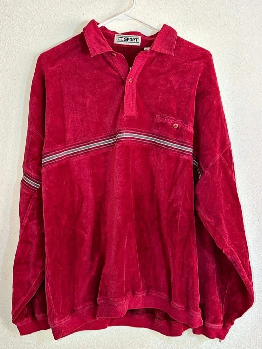 Vintage CC SPORT Red Striped Chest Velour Polo Shirt- Size Large 70s/80s vibe